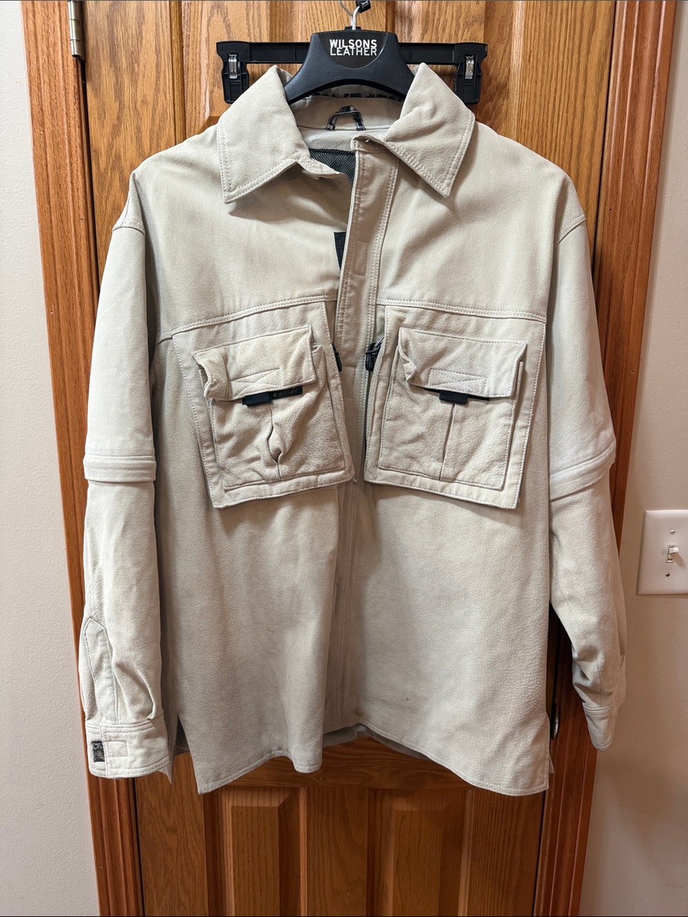 Wilsons Leather Men's Cream Utility Shirt Jacket with Chest Pockets